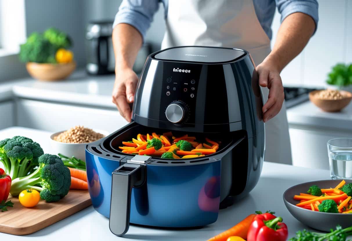 A person cooking healthy meals with an air fryer in a kitchen surrounded by fresh vegetables and ingredients.