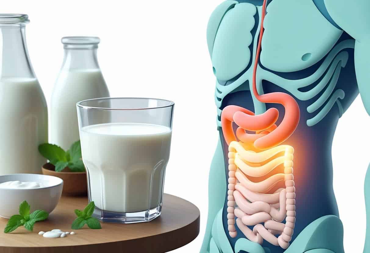 A glass of buttermilk on a table next to natural ingredients and a simplified human torso showing blood sugar levels.