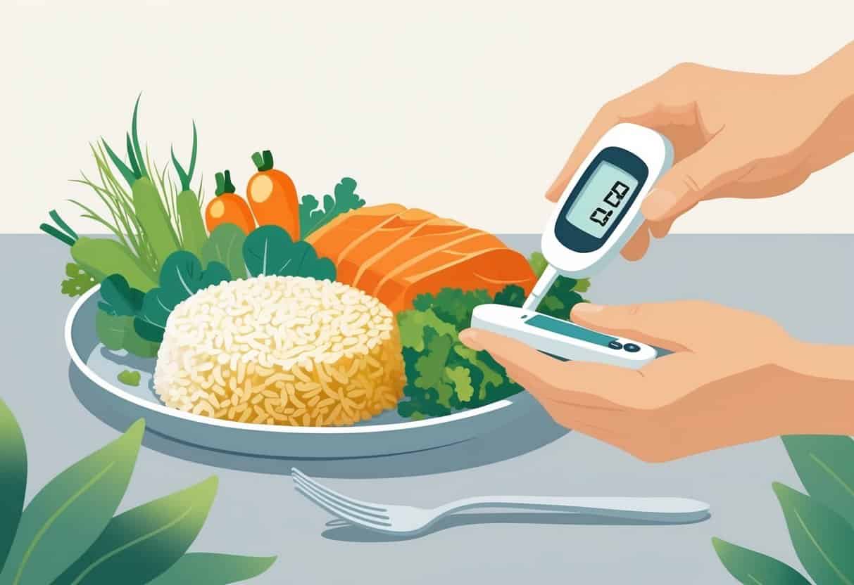 A plate with sticky rice, vegetables, and lean protein next to a glucose meter and hands holding it.