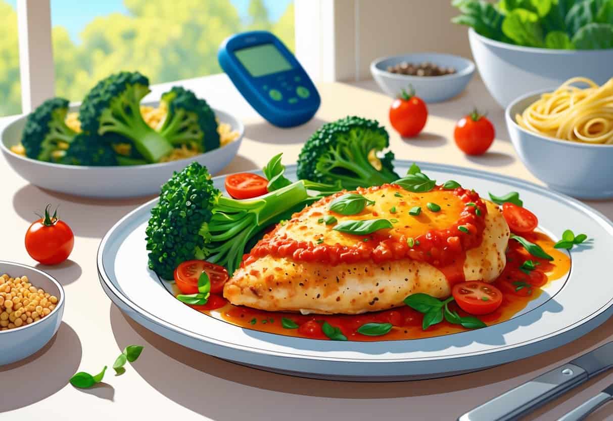 A plate of chicken parmesan with vegetables and a side salad on a kitchen table, with a glucose meter nearby.