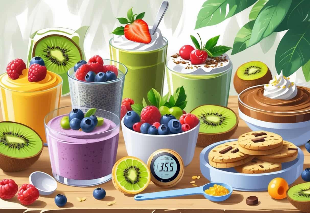 A selection of vegan desserts with fresh fruits and a glucose meter on a wooden table.