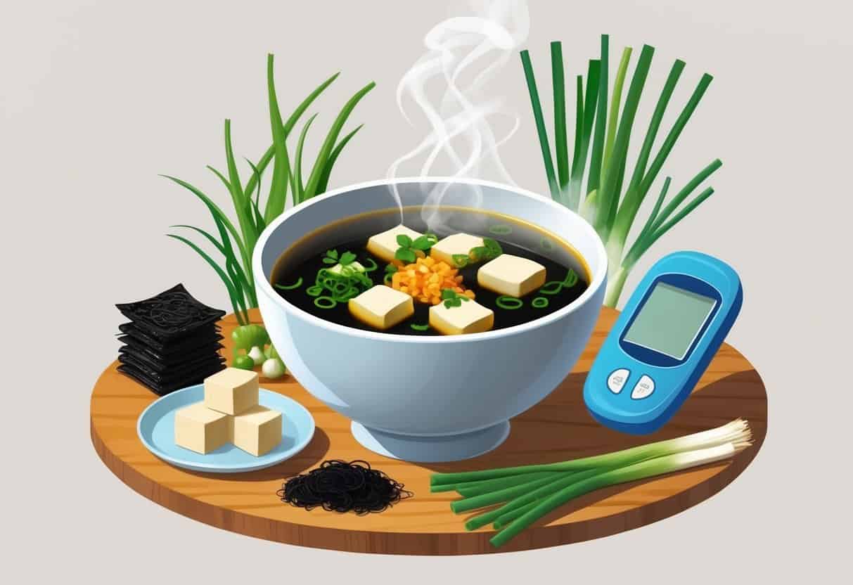 A bowl of steaming miso soup with tofu, seaweed, and green onions on a wooden table, alongside a glucose meter and a plate with vegetables and lean protein.