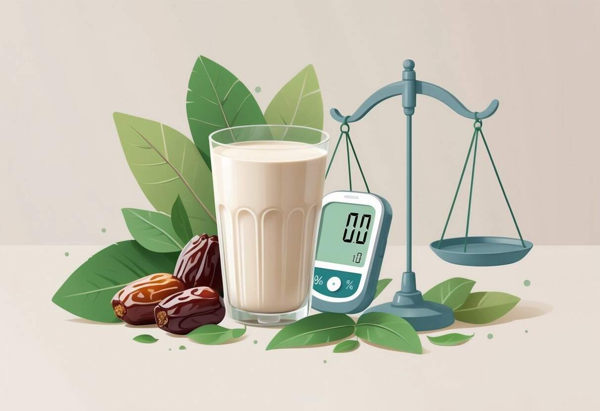 A glass of plant-based milk with dates and a glucose monitor showing a normal reading, alongside a balance scale with dates and a heart symbol.