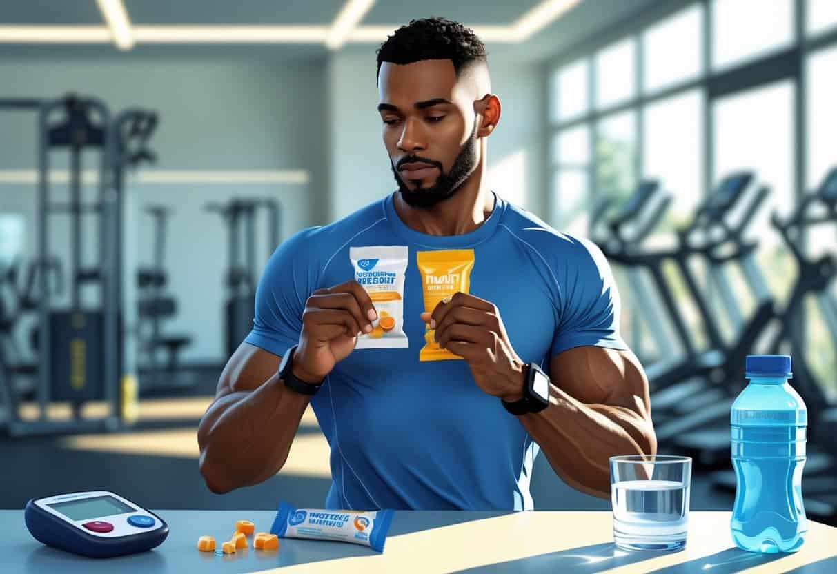 An adult athlete with diabetes holds energy gels and chews while standing near a glucose monitor and water bottle in a gym setting.