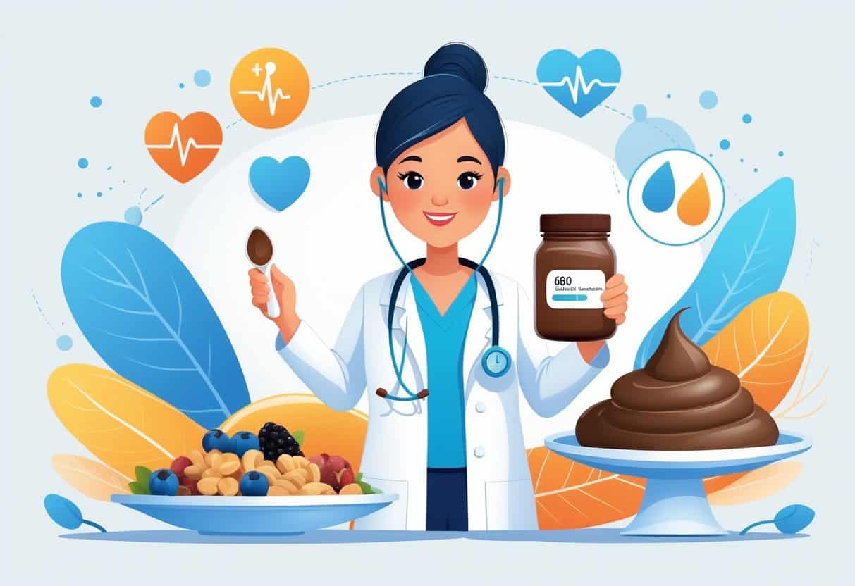 A healthcare professional holding a jar of chocolate spread and a clipboard, surrounded by diabetes-related items like a glucose meter and balanced food portions.
