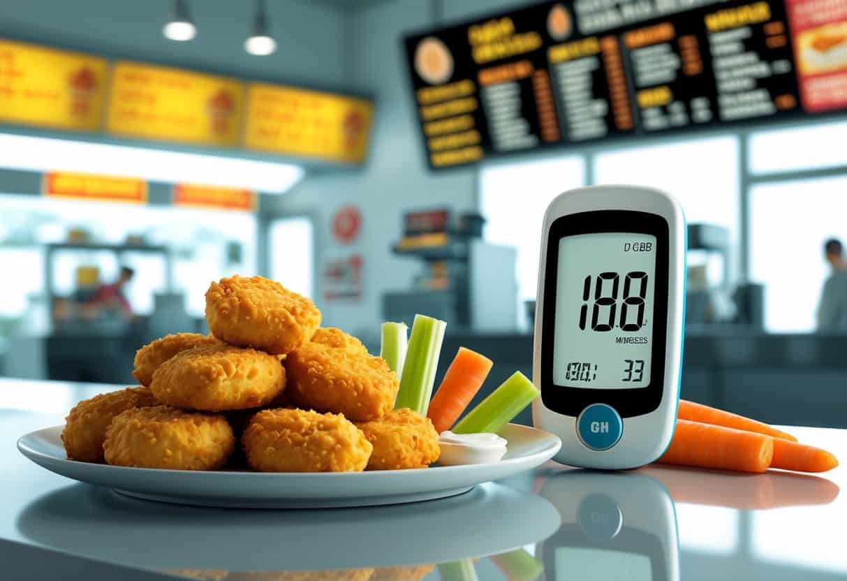 A plate with chicken nuggets and fresh vegetables next to a glucometer showing a normal blood sugar reading, with a fast food restaurant in the background.