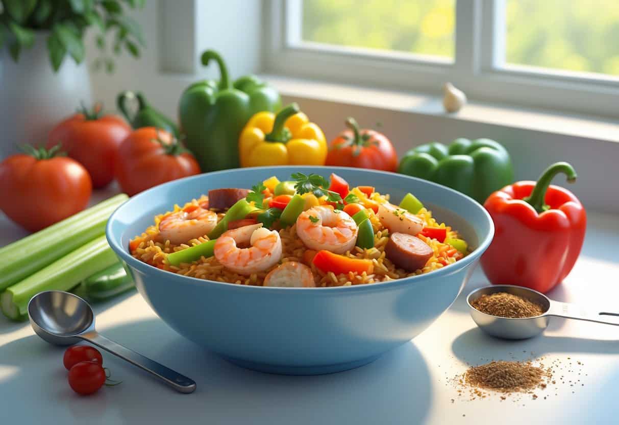 A bowl of jambalaya with shrimp, chicken, sausage, and vegetables on a white surface with fresh vegetables and spices nearby in a kitchen setting.