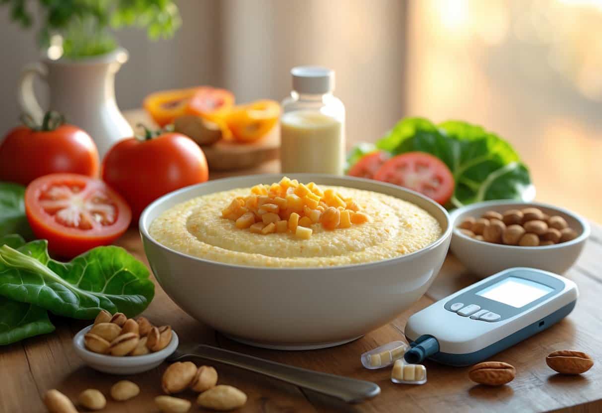A bowl of cooked grits on a table surrounded by healthy foods and a glucose meter, representing diabetes management.