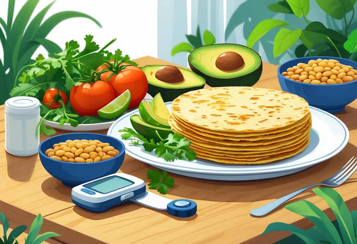 A plate of corn tortillas with fresh vegetables and a glucose monitor on a wooden table.