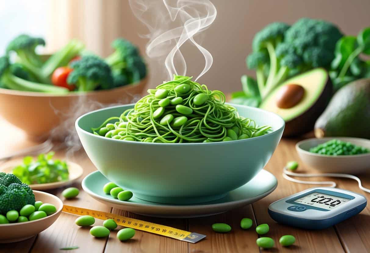 A bowl of green edamame noodles on a table with edamame pods, a measuring tape, and a blood glucose monitor nearby, surrounded by fresh vegetables.
