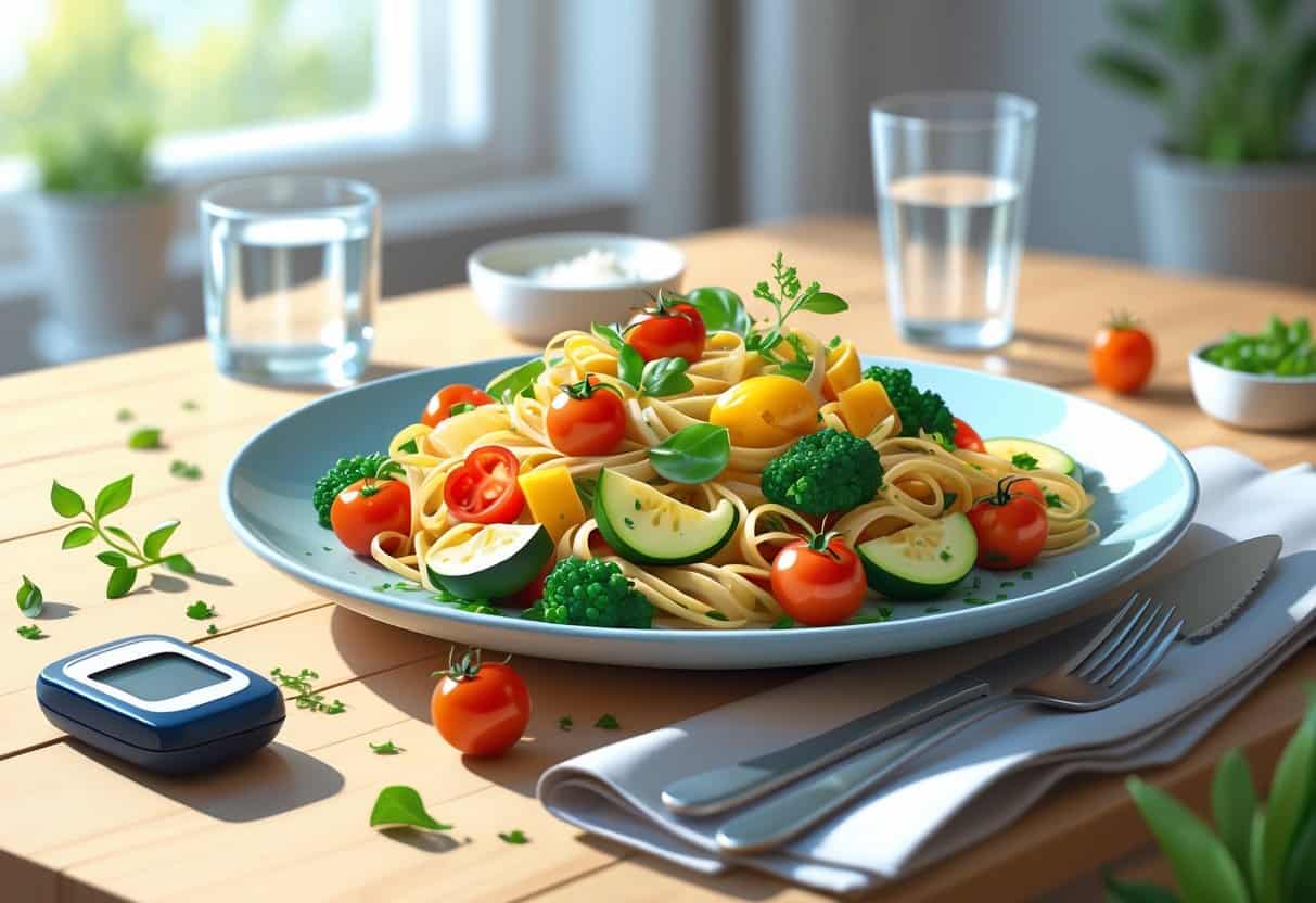 A plate of pasta primavera with fresh vegetables on a table, accompanied by a glucose monitor and a glass of water.