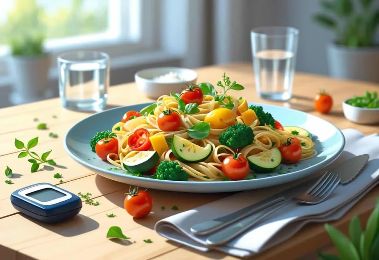 A plate of pasta primavera with fresh vegetables on a table, accompanied by a glucose monitor and a glass of water.