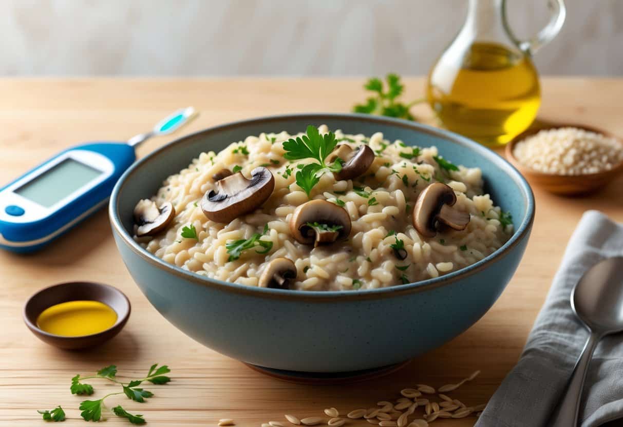 A bowl of mushroom risotto on a wooden table with a glucometer and healthy ingredients around it.