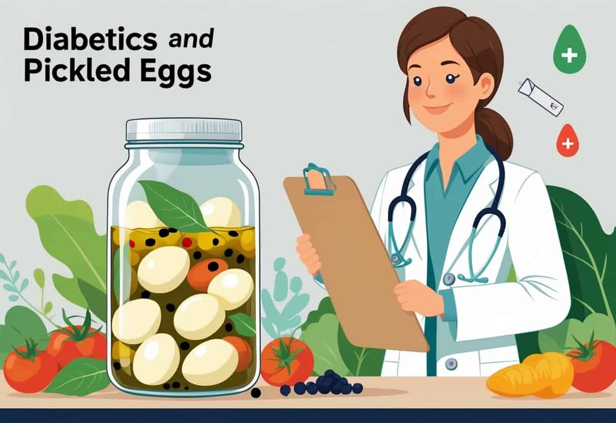 A healthcare professional holding a clipboard next to a jar of pickled eggs, with a glucose meter and fresh vegetables nearby.