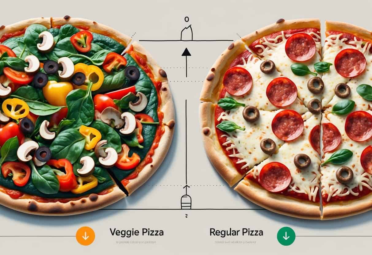 Two pizzas side by side, one topped with various fresh vegetables and the other with pepperoni and cheese, with graphical icons representing blood sugar levels between them.