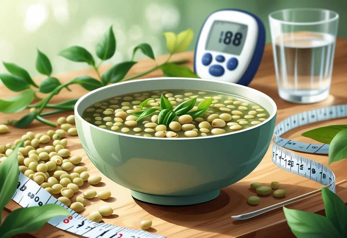 A bowl of mung bean soup on a table surrounded by fresh mung beans, green leaves, and a measuring tape, with a glucometer and glass of water in the background.