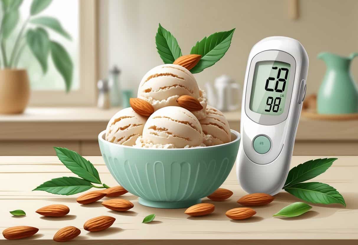 A bowl of almond milk ice cream with almonds and a glucose meter on a table in a kitchen setting.