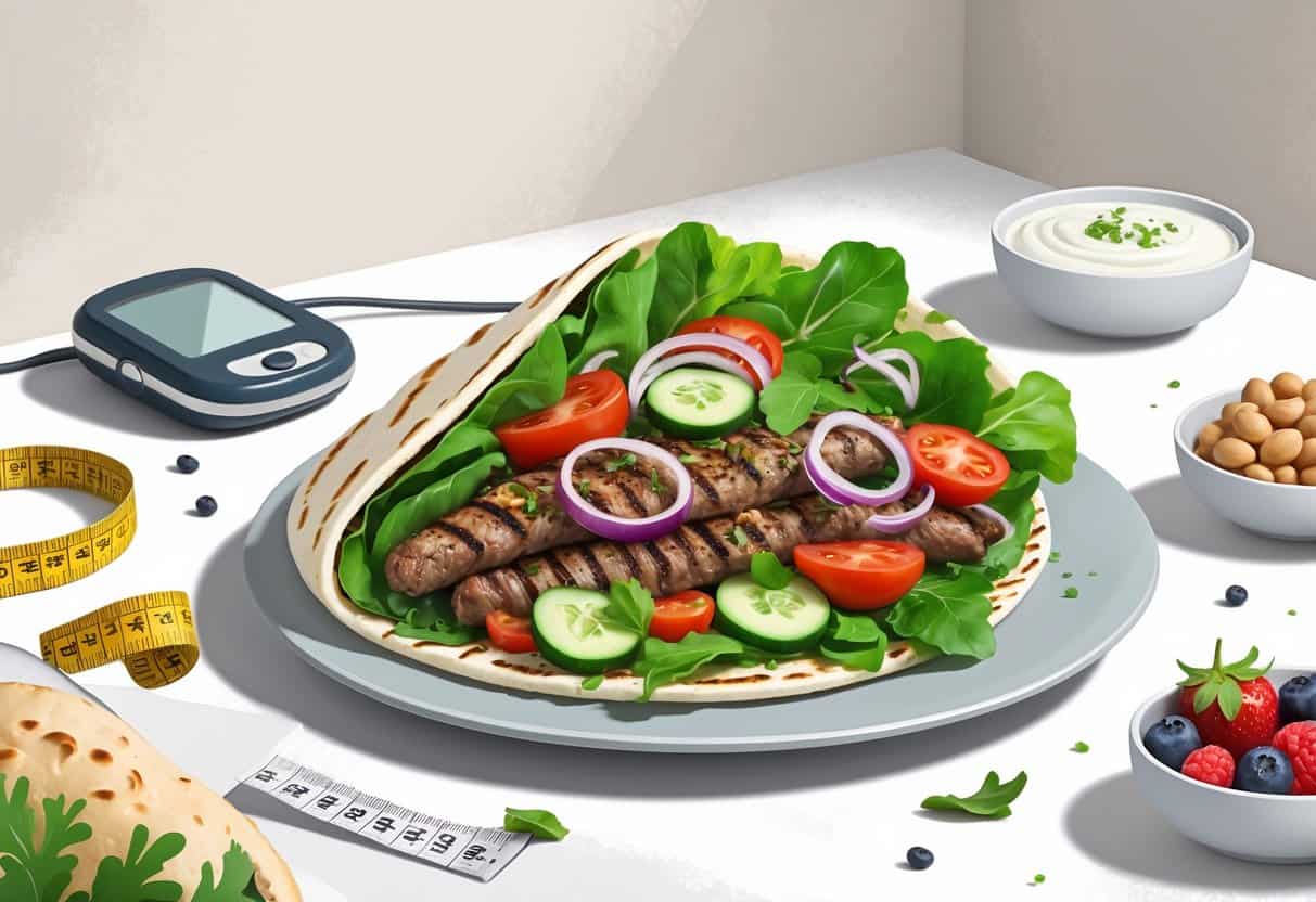 A plate with a gyro wrap filled with grilled meat and fresh vegetables, accompanied by tzatziki sauce, whole-grain pita bread, and diabetes-related items like a glucose monitor and measuring tape nearby.