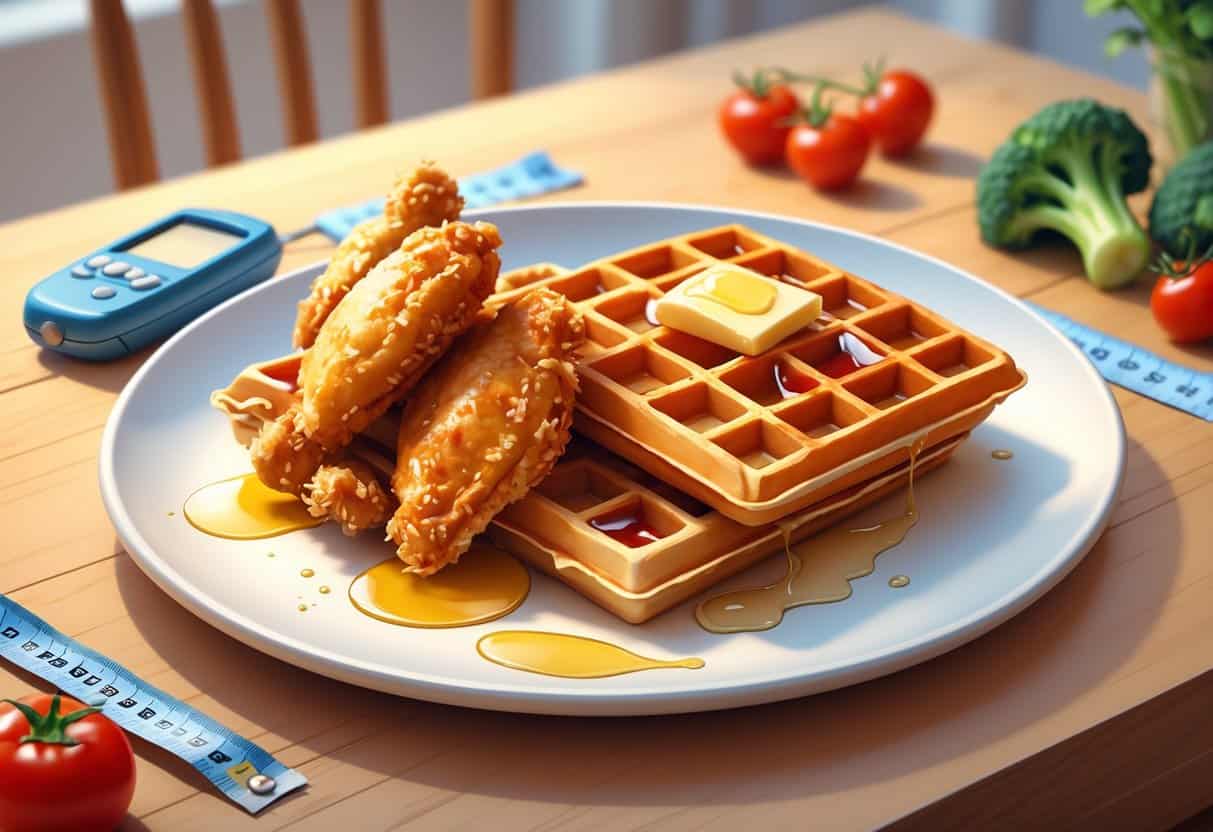 A plate with crispy chicken and waffles topped with butter and syrup, accompanied by a glucose meter, measuring tape, and fresh vegetables on the side.