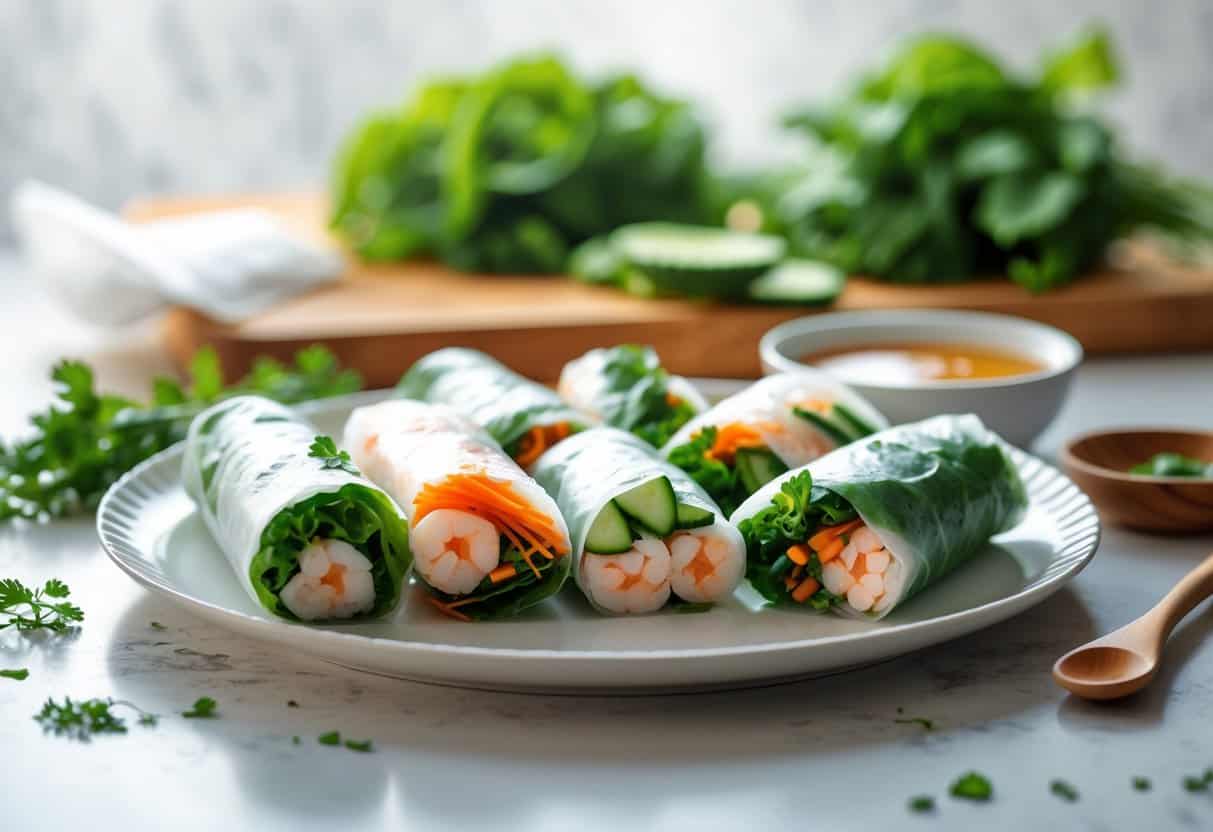 A plate of fresh rice paper rolls filled with vegetables and shrimp, accompanied by a bowl of dipping sauce on a kitchen counter with fresh ingredients in the background.
