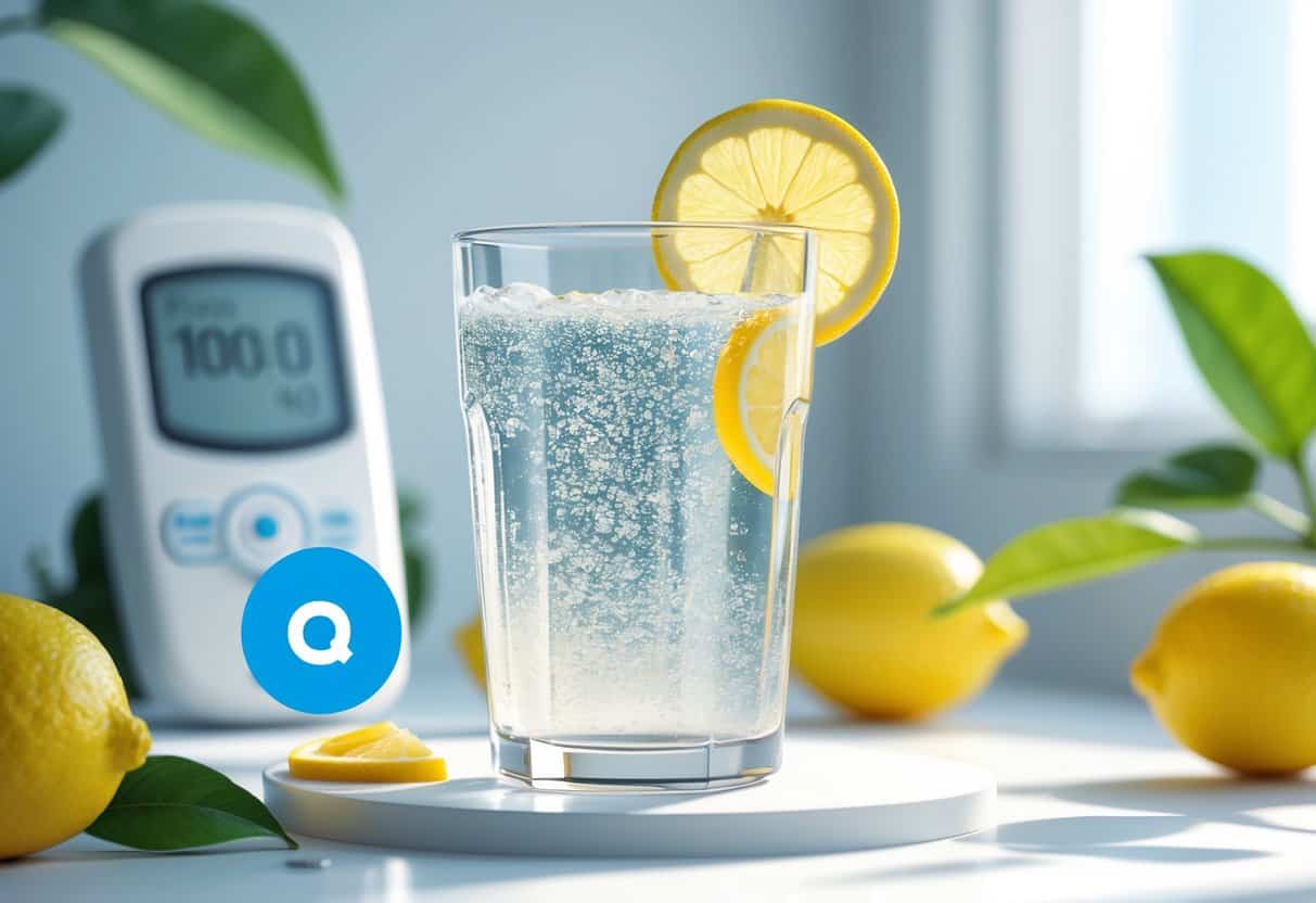 A glass of sparkling lemonade with lemon slice, a glucometer, and fresh lemons on a white surface.