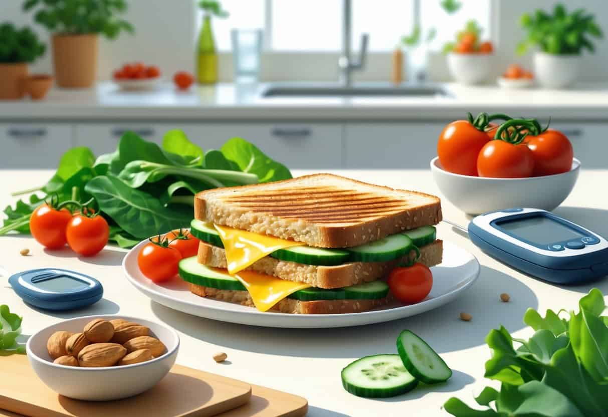 A grilled cheese sandwich with fresh vegetables on a plate next to a glucose meter and nuts on a kitchen countertop.
