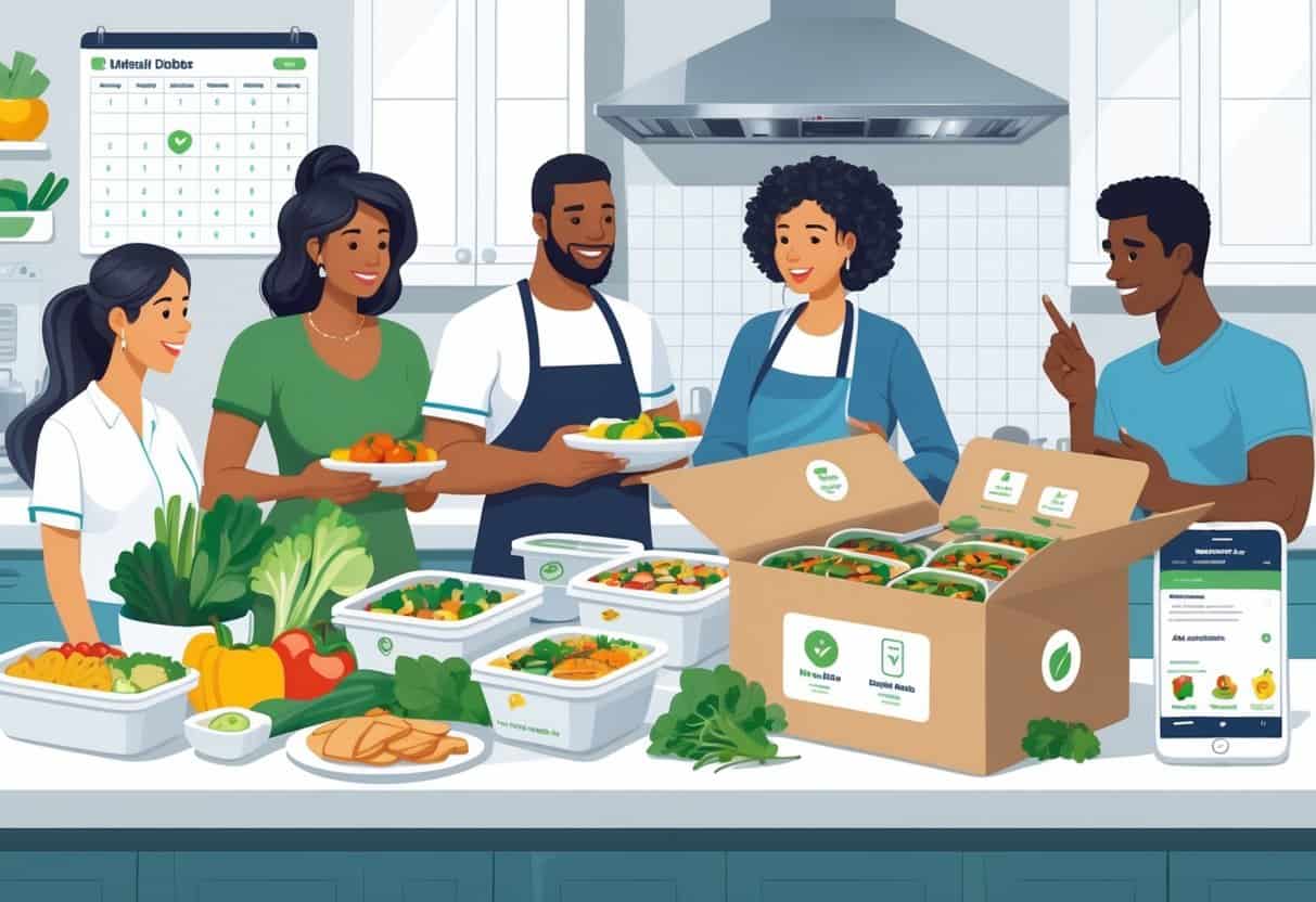 A kitchen scene showing a nutritionist and client discussing healthy, pre-packaged meals with fresh ingredients and a meal delivery box on the counter.