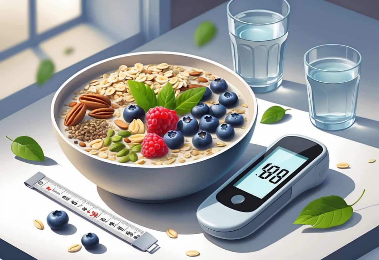 A breakfast bowl with oatmeal, berries, nuts, and seeds on a table next to a glucometer showing stable blood sugar levels.