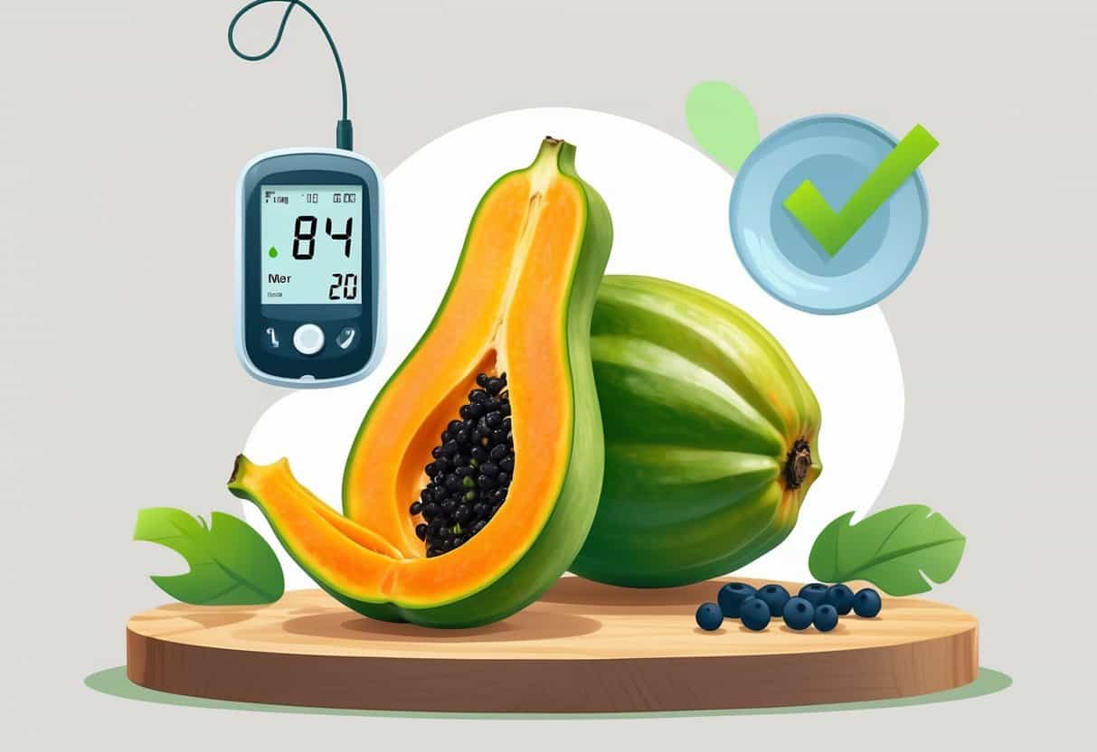 A cut-open papaya on a cutting board next to a blood glucose monitor and a balanced plate of food.