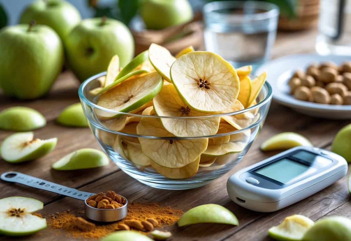 A bowl of apple chips on a table surrounded by fresh apples, a cinnamon spoon, and a glucose meter.