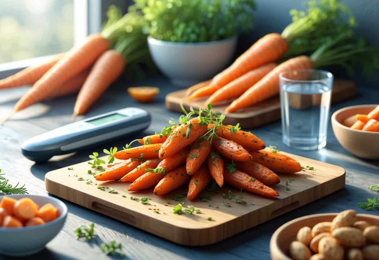 A kitchen scene showing roasted carrots on a cutting board next to a glucose meter and fresh ingredients.