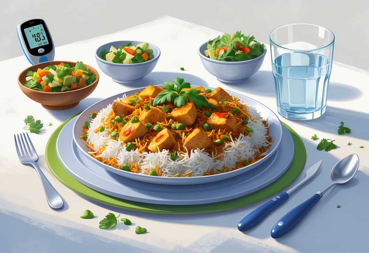 A plate of biryani with vegetables, a glucometer, and a glass of water arranged on a table.