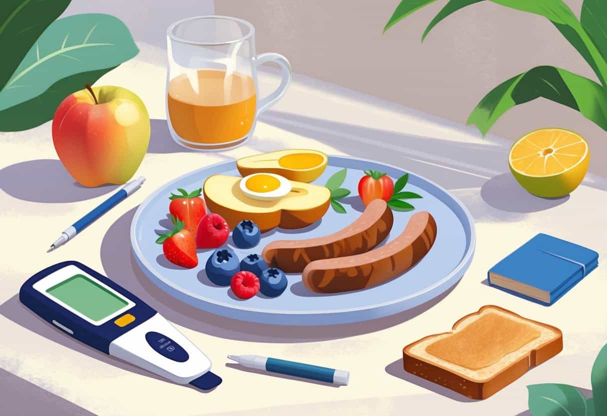 A breakfast plate with sausages, fresh fruits, and toast next to a glucose meter and a notebook on a table.