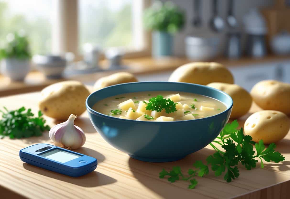 A bowl of potato soup on a table with fresh ingredients and a glucose meter nearby in a kitchen setting.