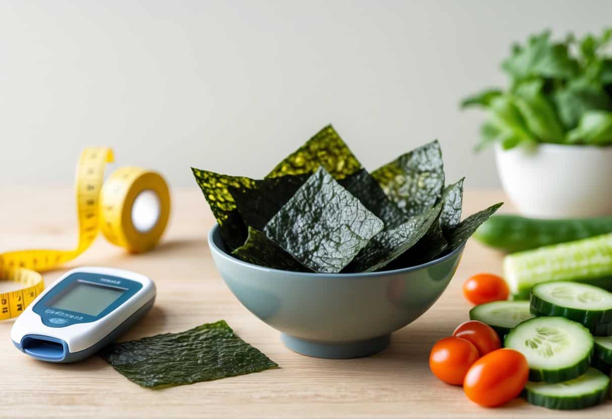 A bowl of crispy nori sheets on a wooden table with fresh vegetables, a measuring tape, and a glucometer nearby.