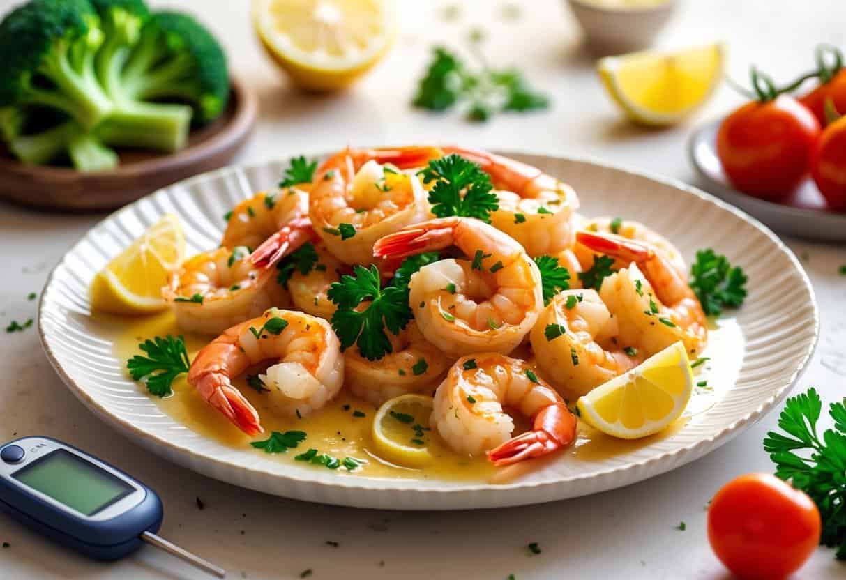 A plate of shrimp scampi with garlic butter sauce, lemon wedges, and parsley, accompanied by vegetables and a glucose meter on the side.