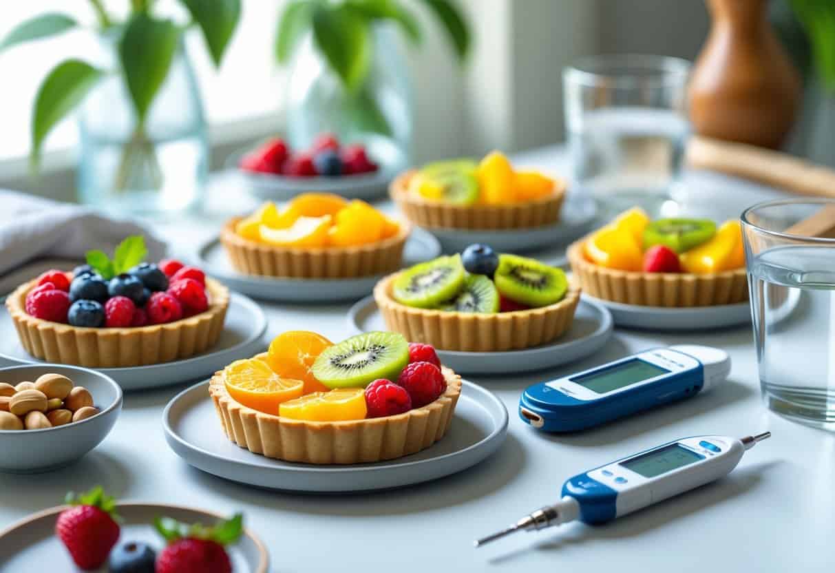 A table with colorful fruit tarts, a glucose meter, a lancet device, a glass of water, and a bowl of nuts arranged together.