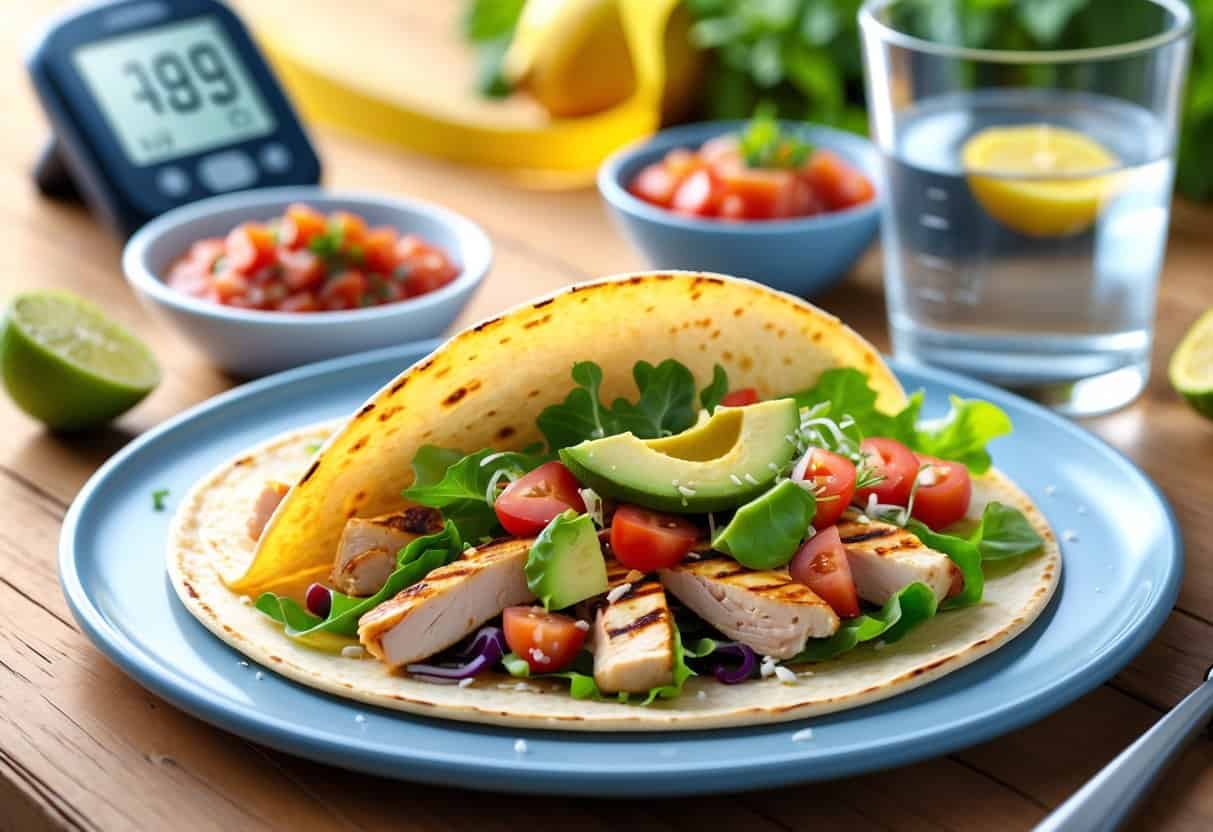 A plate with a flour tortilla taco filled with chicken, lettuce, tomatoes, and avocado on a wooden table, accompanied by salsa, a glass of water with lemon, and a glucose monitor in the background.