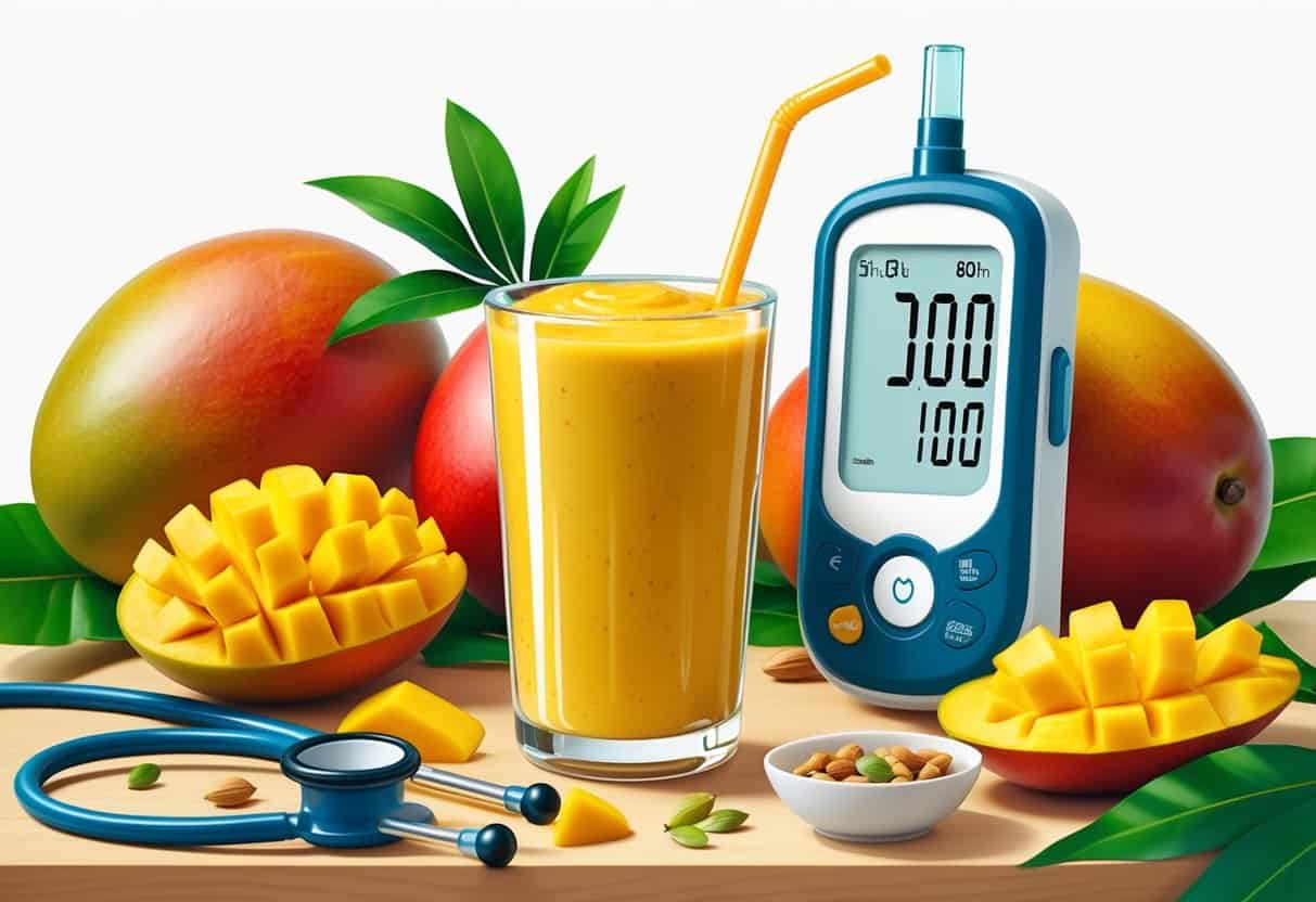A glass of mango smoothie with fresh mangoes and a glucometer showing stable blood sugar on a table.