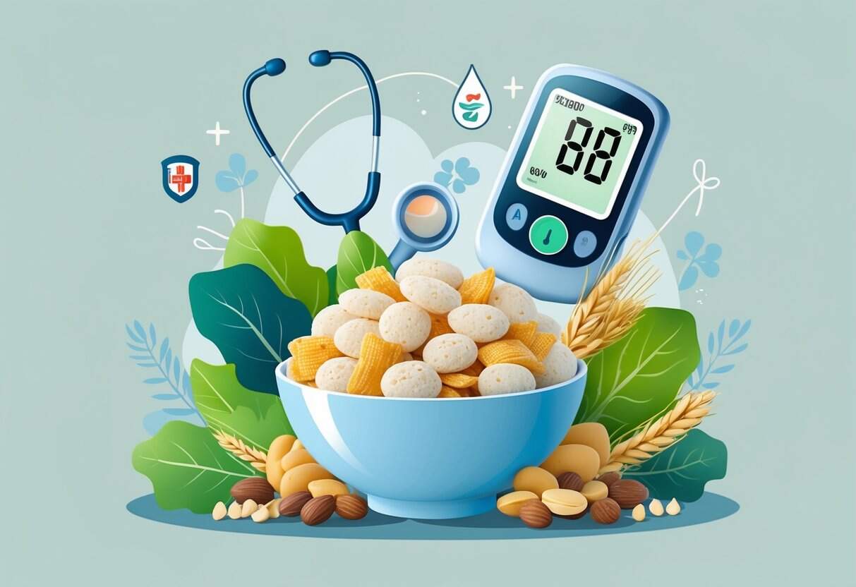 A bowl of puffed rice and wheat snacks surrounded by fresh grains and vegetables, with a glucose meter showing a normal reading and medical symbols in the background.