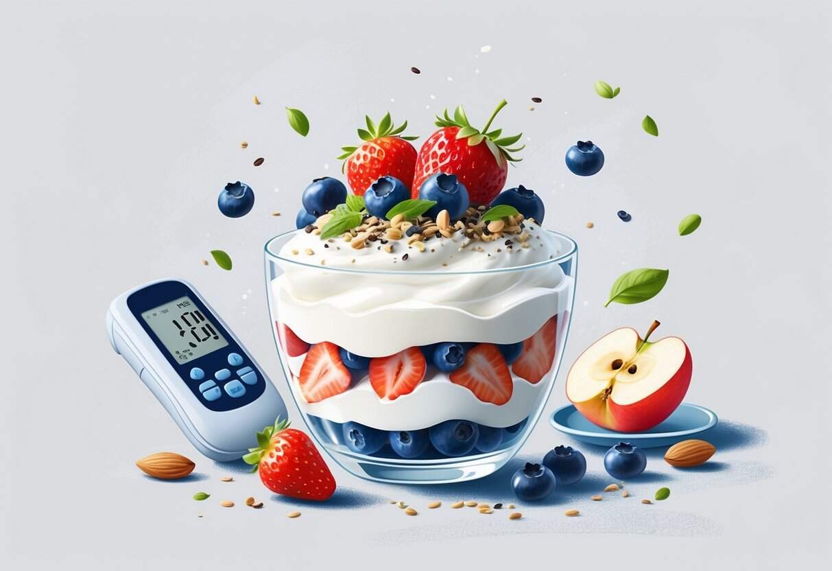 A clear glass bowl with layered yogurt parfait topped with fresh berries and nuts, accompanied by a glucose meter and low-glycemic fruits nearby.