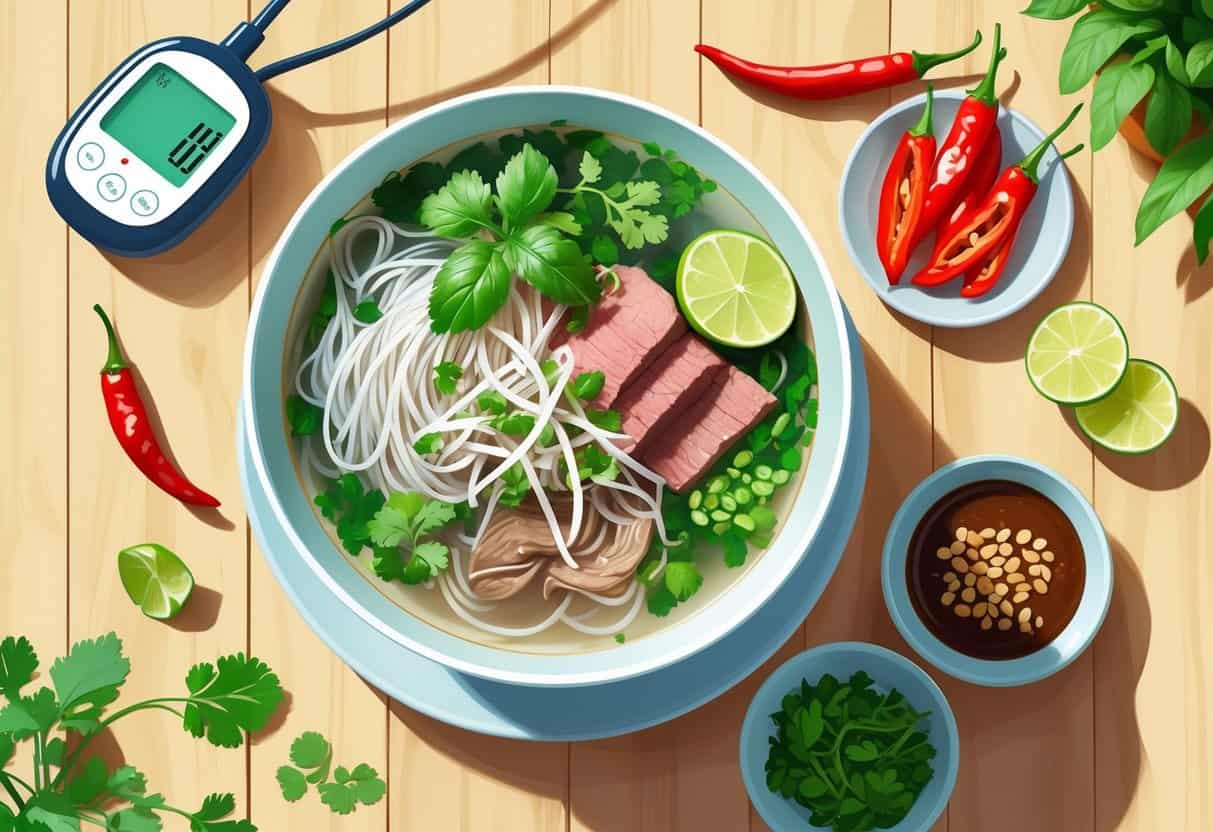 A bowl of Vietnamese pho with beef, herbs, and lime on a wooden table, accompanied by chili peppers, hoisin sauce, and a glucose monitor.