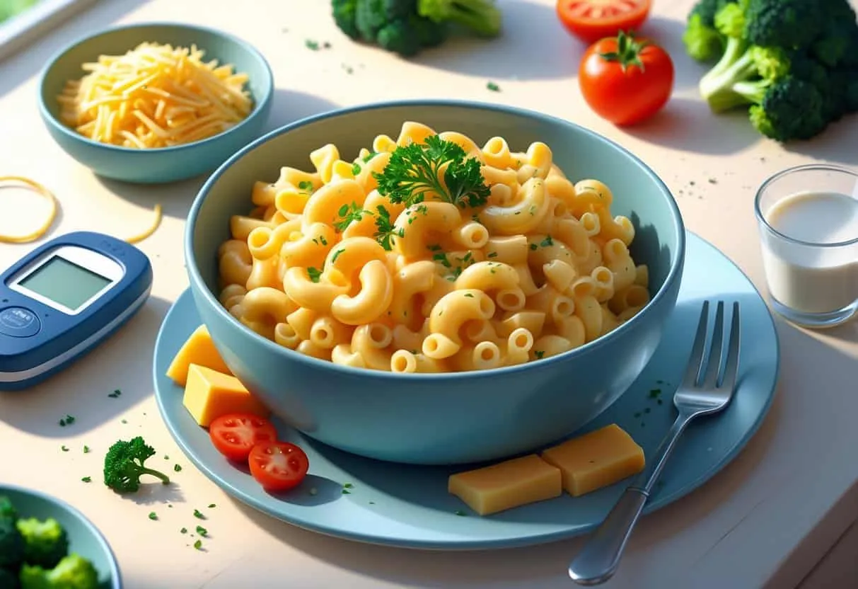 A bowl of creamy macaroni and cheese with fresh herbs on a kitchen countertop, accompanied by vegetables and a glucose meter nearby.