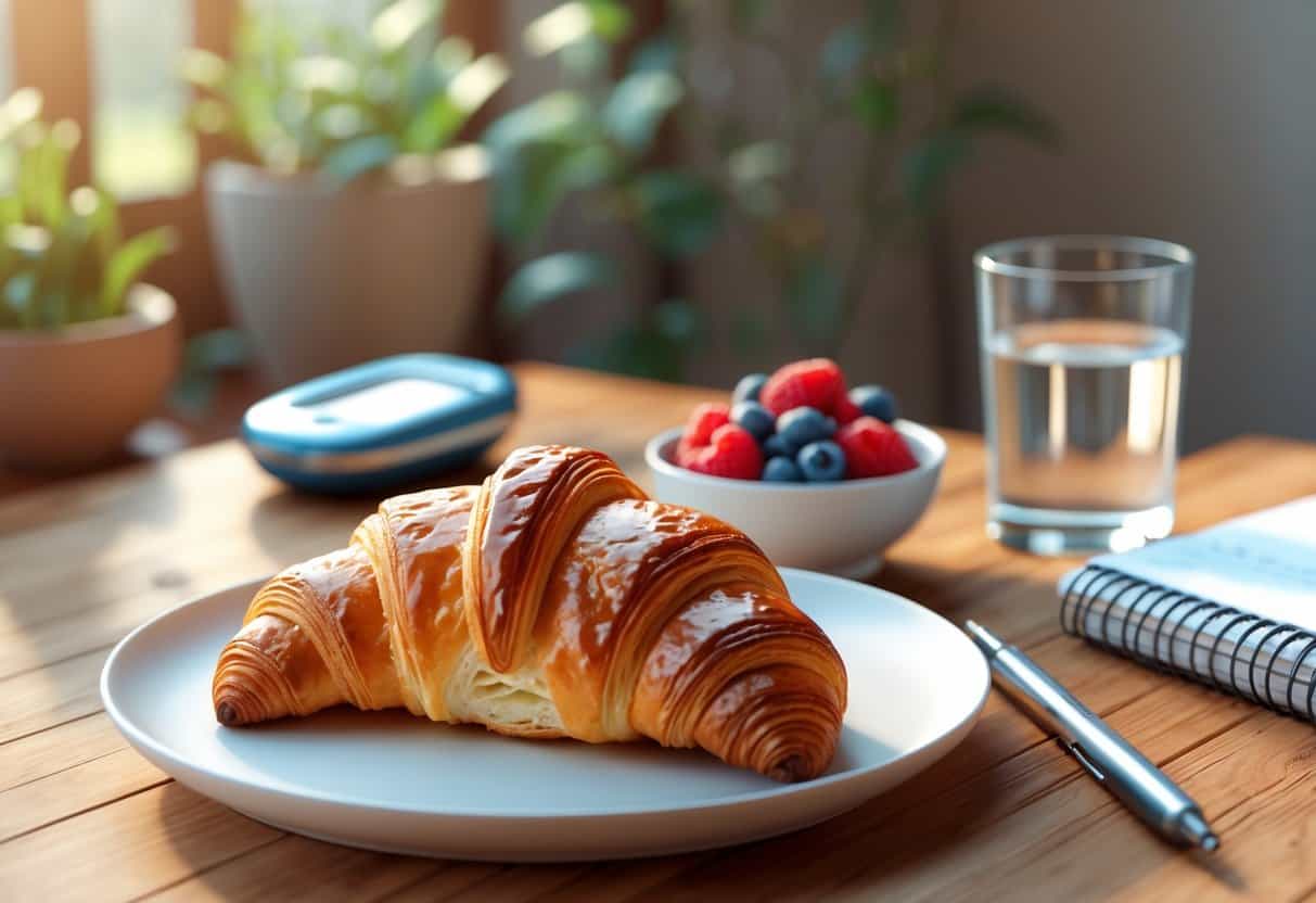 A croissant on a plate next to a bowl of berries and a glass of water on a wooden table with a glucose meter and notebook in the background.