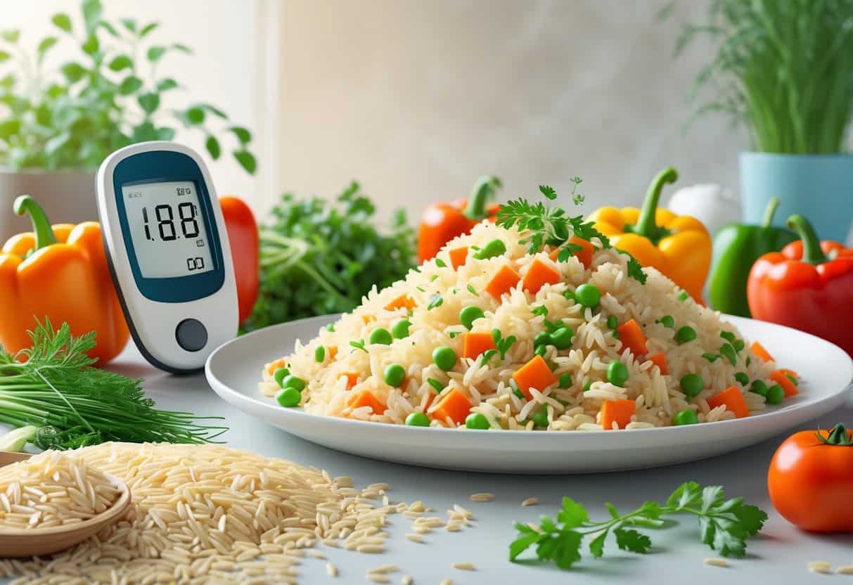 A plate of rice pilaf with vegetables next to a glucometer showing stable blood sugar, surrounded by fresh ingredients on a kitchen counter.