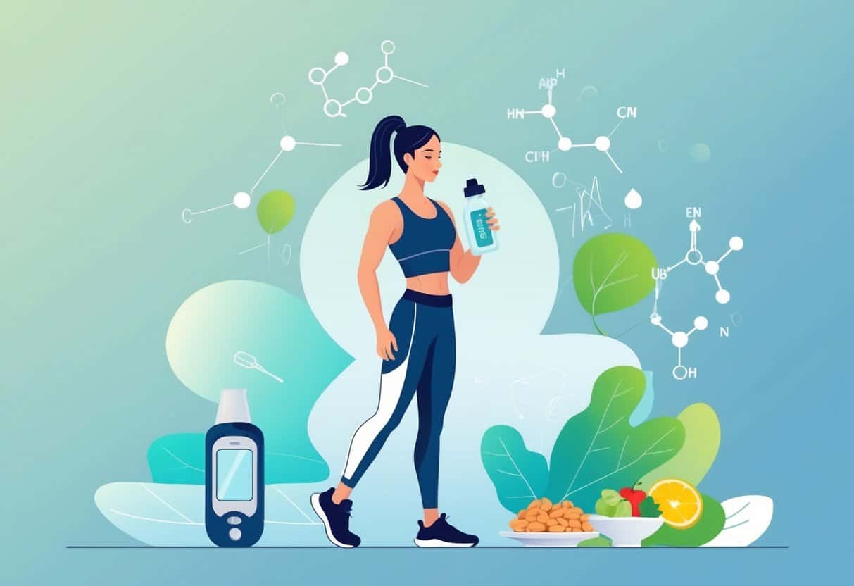 A person holding a pre-workout drink bottle, surrounded by diabetes-related items like a glucose meter and healthy food, showing cautious consideration of fitness and diabetes management.