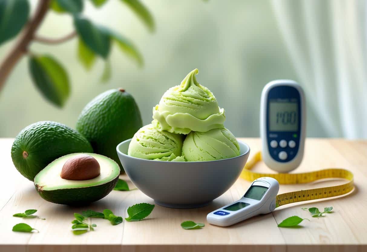 A bowl of avocado ice cream with fresh avocado halves, a measuring tape, and a glucose meter on a table.