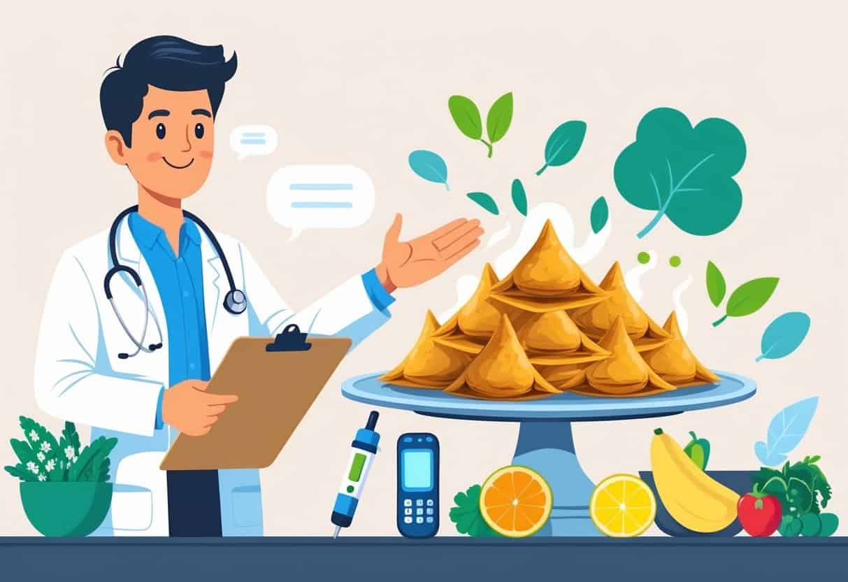 A healthcare professional examining a plate of samosas with diabetes management tools and healthy foods nearby.