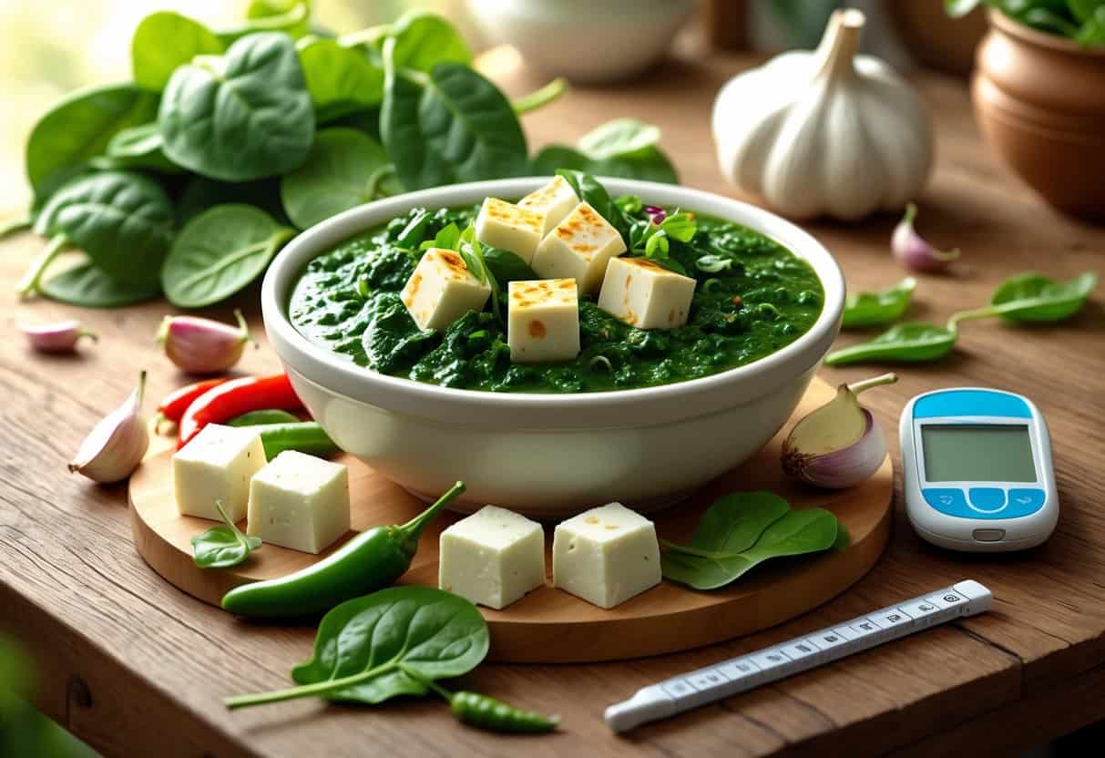 A bowl of saag paneer with fresh spinach, paneer cubes, garlic, and chili on a wooden table, alongside a glucometer and measuring tape.