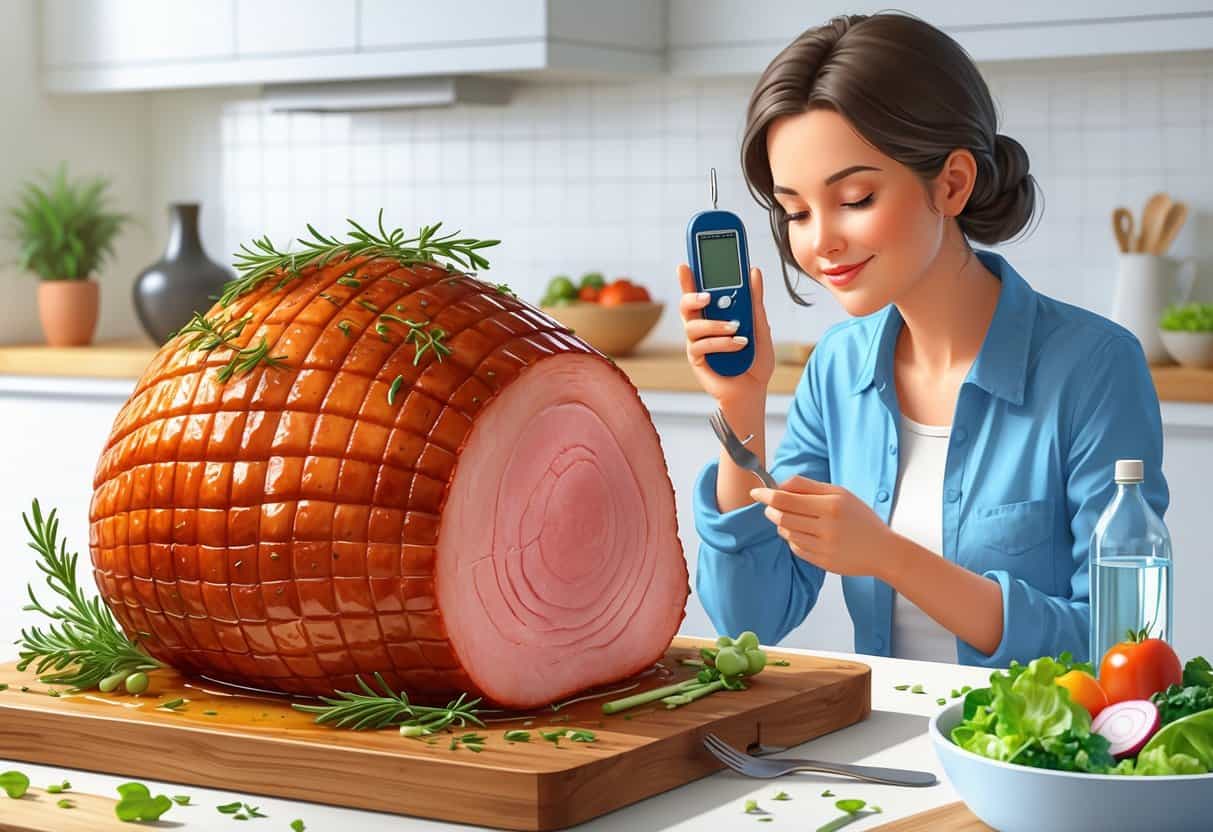 A person holding a glucose meter and fork looks thoughtfully at a glazed ham on a cutting board in a kitchen with fresh vegetables nearby.